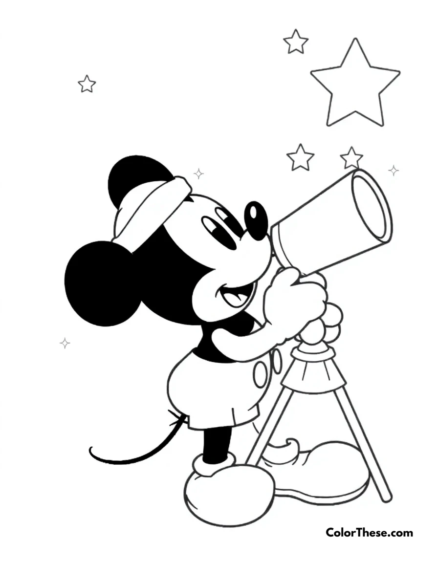 Free printable mickey mouse with a telescope coloring page for kids and adults. Mickey Mouse (Disney) looking through a telescope at the stars.