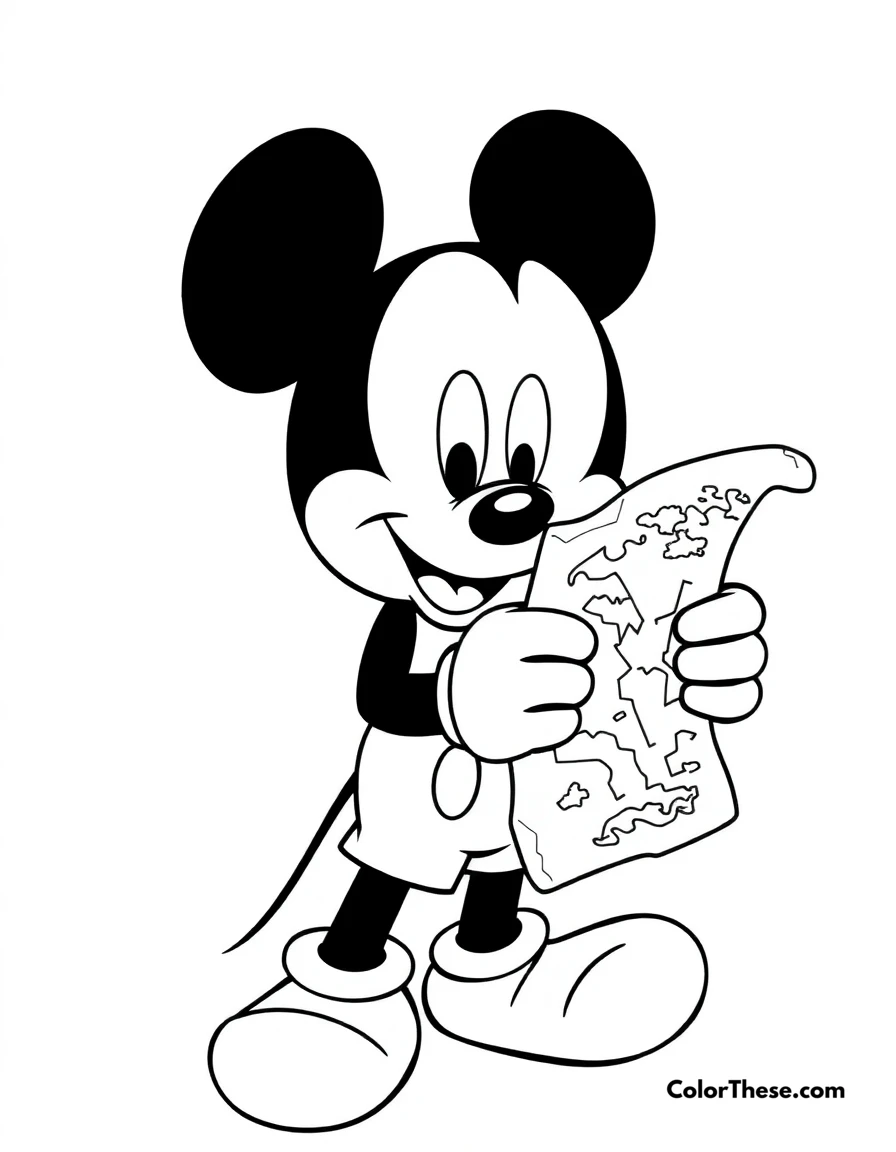 Free printable mickey mouse with a treasure map coloring page for kids and adults. Mickey Mouse (Disney) holding a treasure map, ready for an adventure.