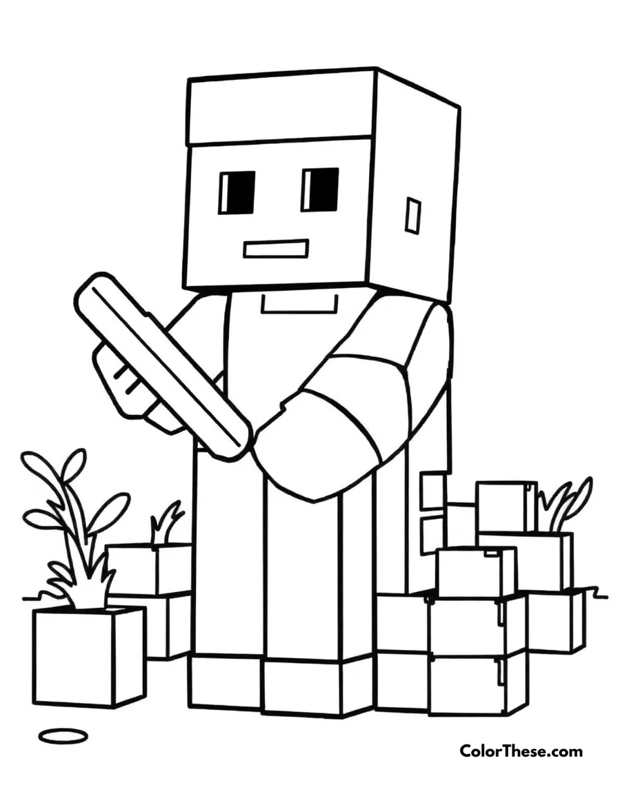 Free printable building a house coloring page for kids and adults. A Minecraft (game) character building a house with blocks.
