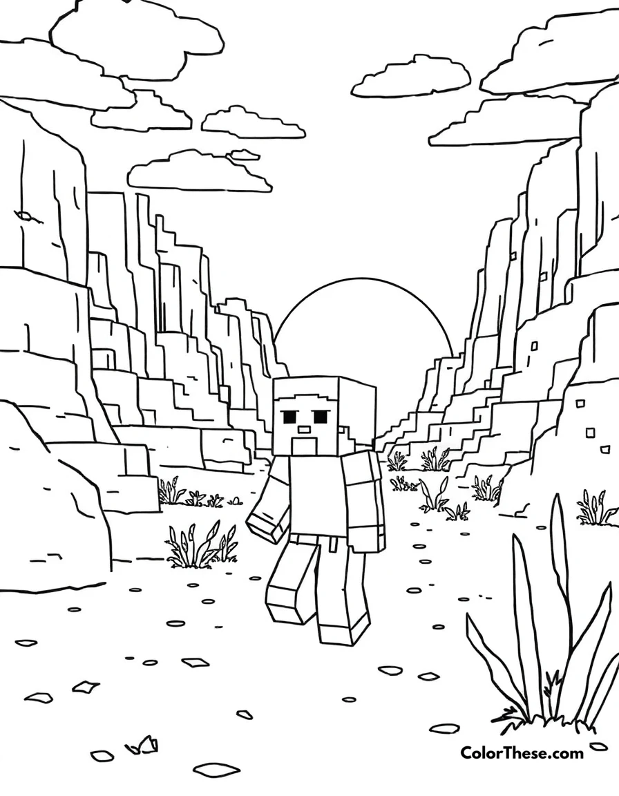 Free printable exploring a desert biome coloring page for kids and adults. A Minecraft (game) character exploring a vast desert biome.
