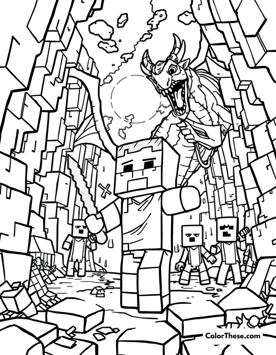 Free printable exploring the end dimension coloring page for kids and adults. A Minecraft (game) character exploring the End dimension with Endermen and an Ender Dragon.