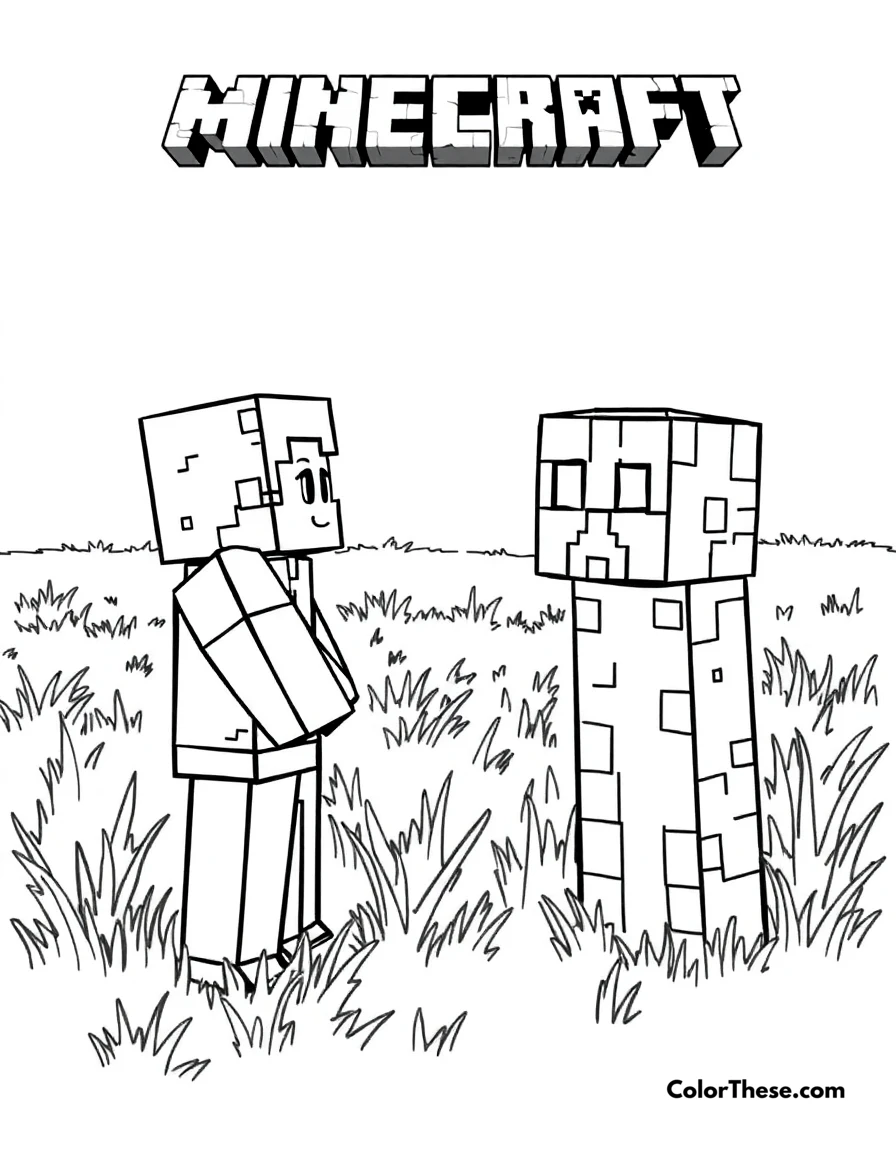 Free printable facing a creeper coloring page for kids and adults. A Minecraft (game) character facing a Creeper in a grassy field.