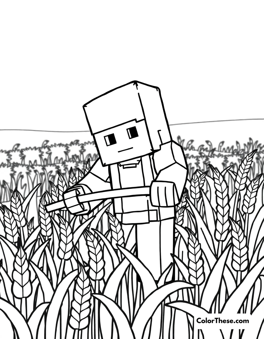 Free printable farming wheat coloring page for kids and adults. A Minecraft (game) character farming wheat in a field.
