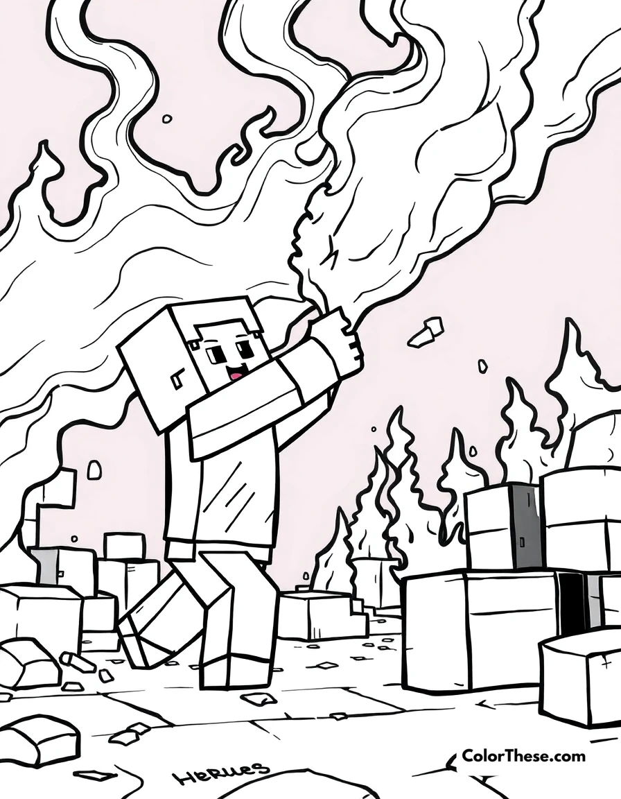 Free printable fighting a blaze coloring page for kids and adults. A Minecraft (game) character fighting a Blaze in the Nether.