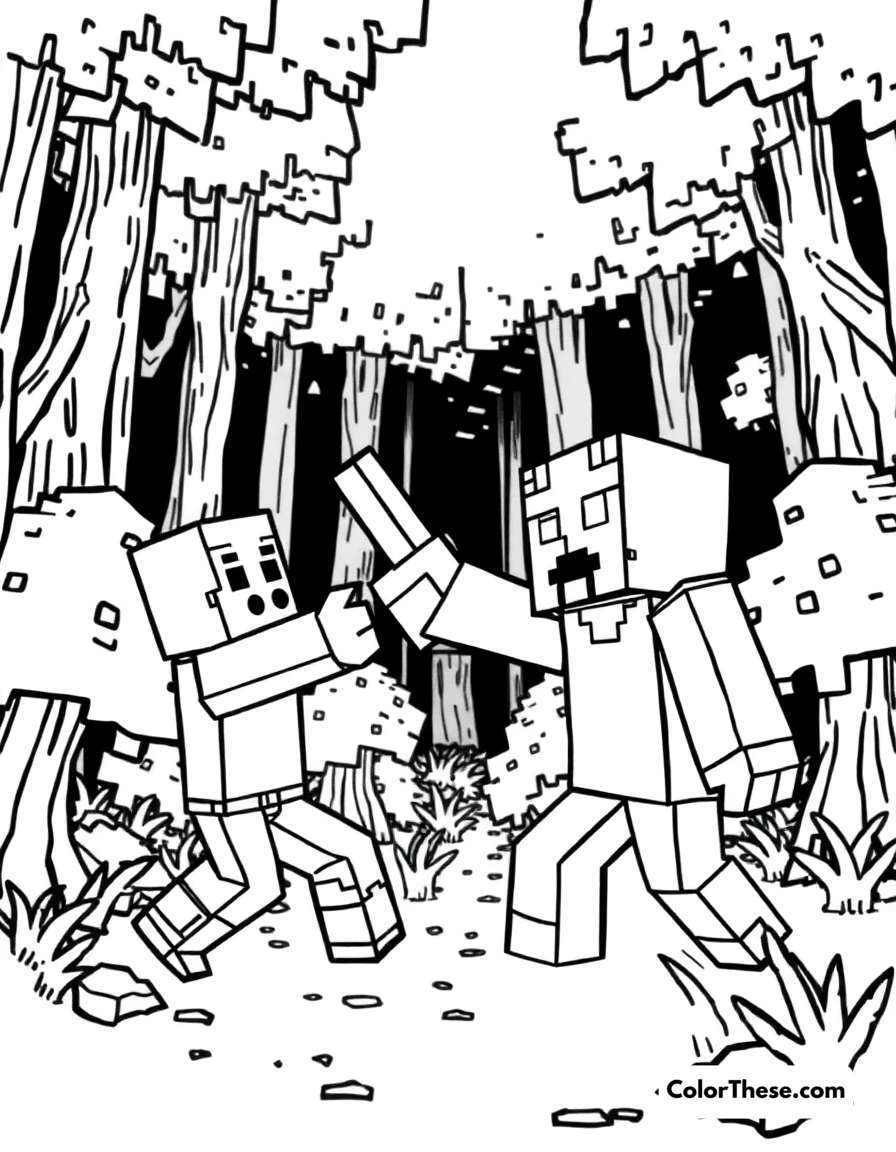 Free printable fighting an enderman coloring page for kids and adults. A Minecraft (game) character fighting an Enderman in a dark forest.