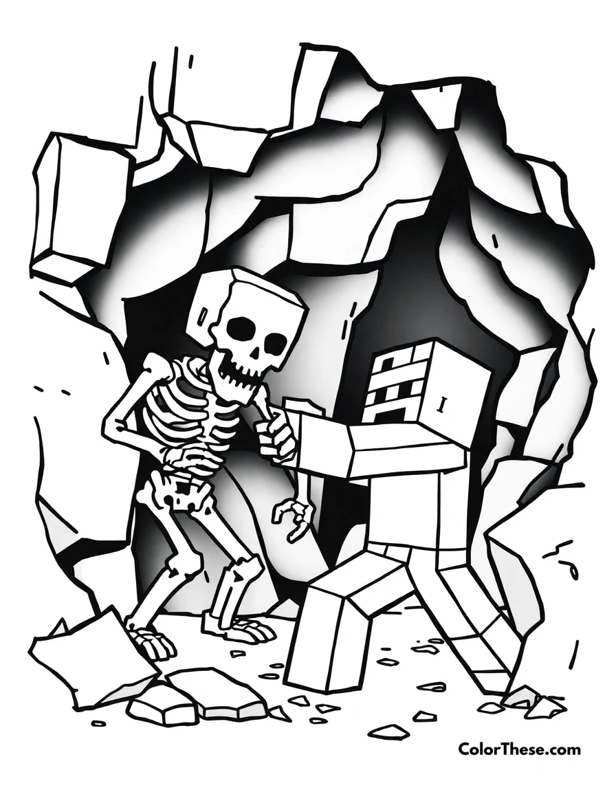 Free printable fighting a skeleton coloring page for kids and adults. A Minecraft (game) character fighting a Skeleton in a dark cave.