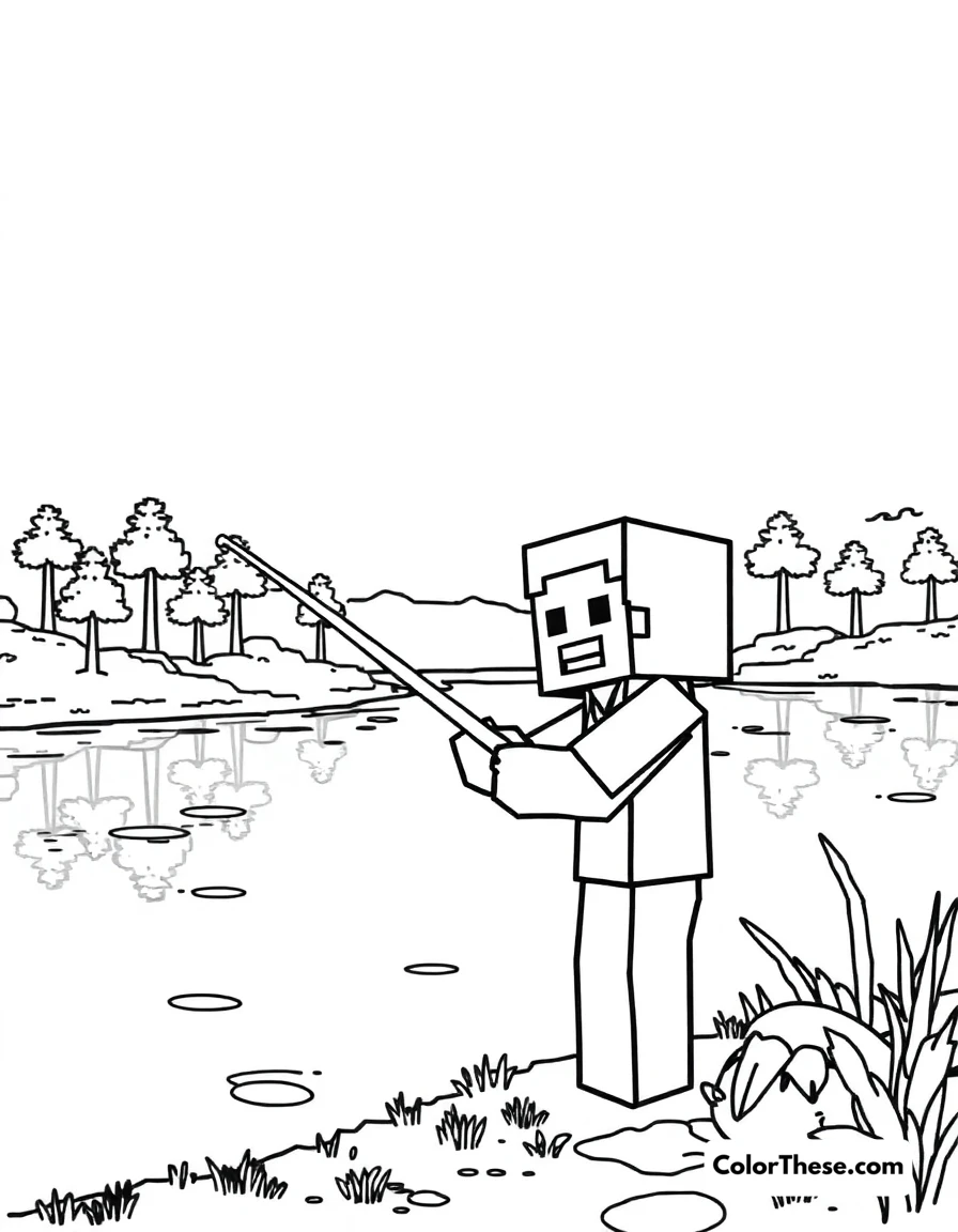 Free printable fishing by the lake coloring page for kids and adults. A Minecraft (game) character fishing by a peaceful lake.
