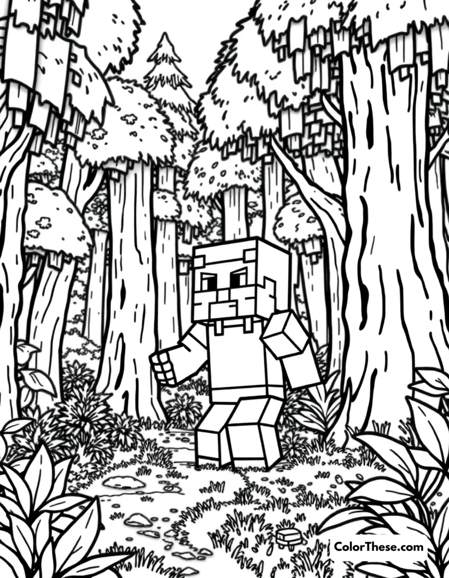 Free printable exploring a forest biome coloring page for kids and adults. A Minecraft (game) character exploring a lush forest biome.