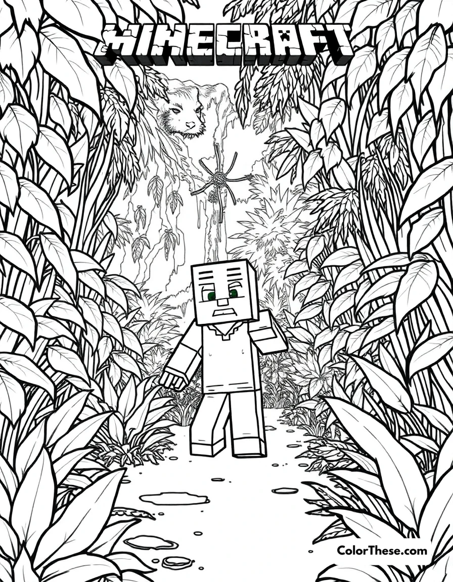 Free printable exploring a jungle biome coloring page for kids and adults. A Minecraft (game) character exploring a dense jungle biome.