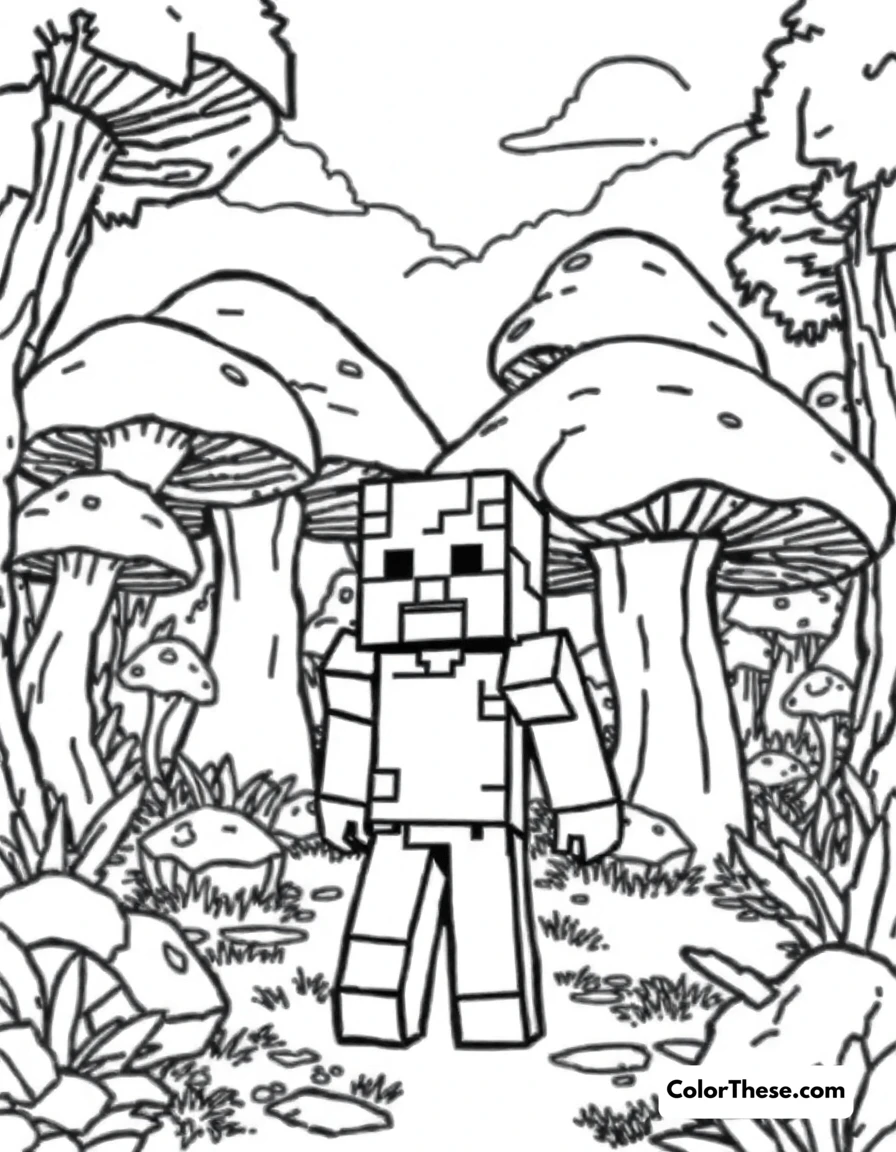 Free printable exploring a mushroom biome coloring page for kids and adults. A Minecraft (game) character exploring a mushroom biome with giant mushrooms.