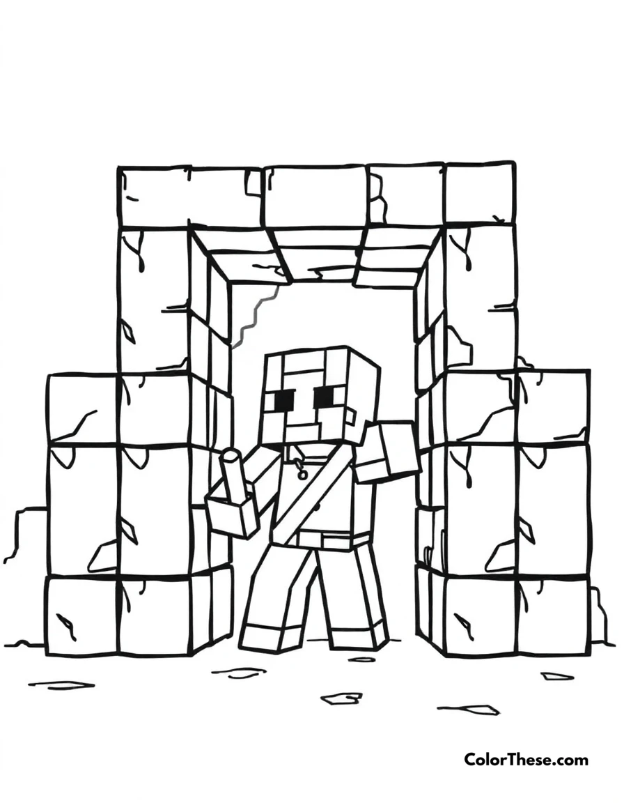 Free printable building a nether portal coloring page for kids and adults. A Minecraft (game) character building a Nether portal with obsidian blocks.