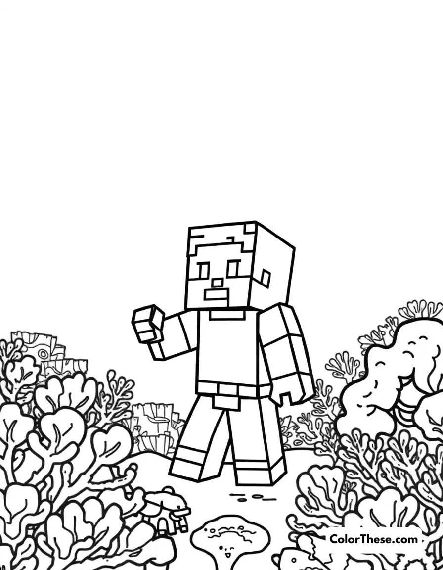 Free printable exploring an ocean biome coloring page for kids and adults. A Minecraft (game) character exploring an ocean biome with coral reefs.