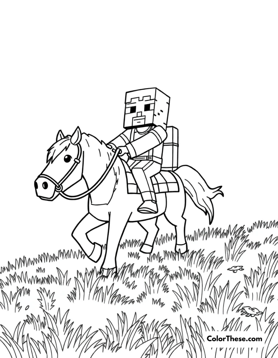 Free printable riding a horse coloring page for kids and adults. A Minecraft (game) character riding a horse across a grassy plain.