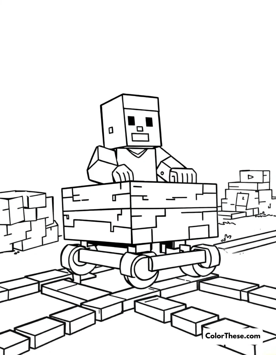 Free printable riding a minecart coloring page for kids and adults. A Minecraft (game) character riding a minecart on tracks.
