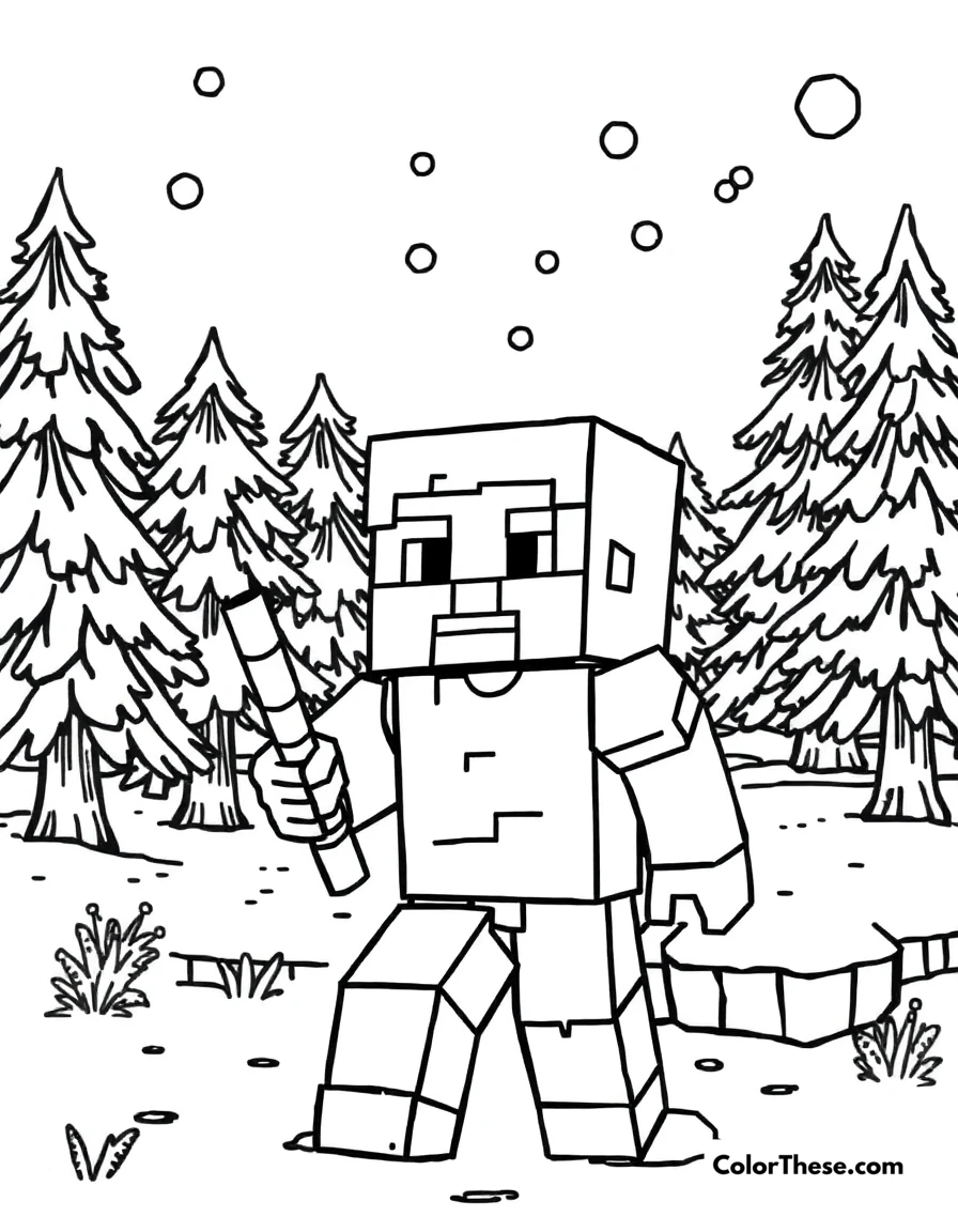 Free printable exploring a snowy biome coloring page for kids and adults. A Minecraft (game) character exploring a snowy biome with pine trees.