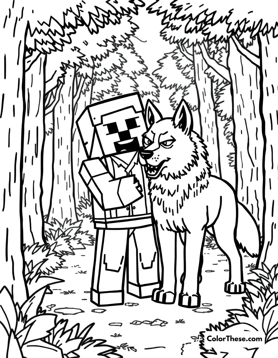 Free printable taming a wolf coloring page for kids and adults. A Minecraft (game) character taming a wolf in a forest.