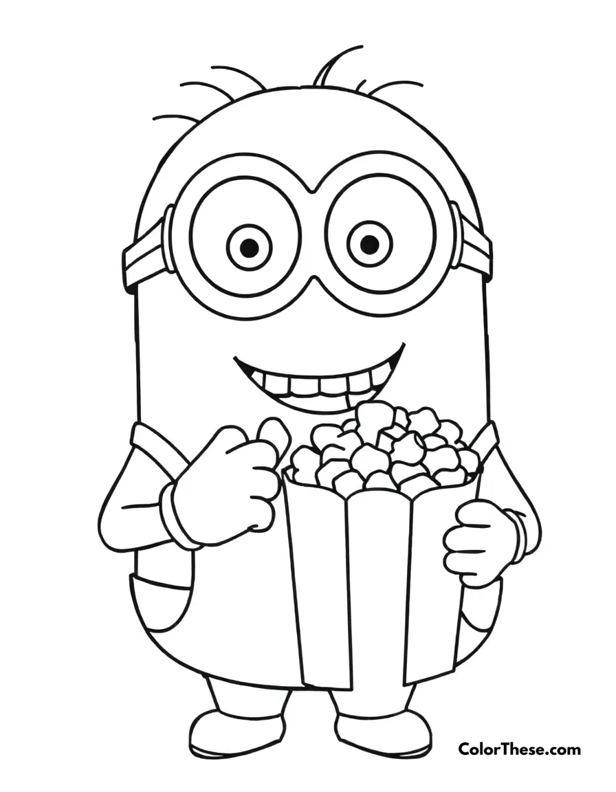 Free printable minion eating popcorn coloring page for kids and adults. A Minion (Despicable Me) eating popcorn and smiling.