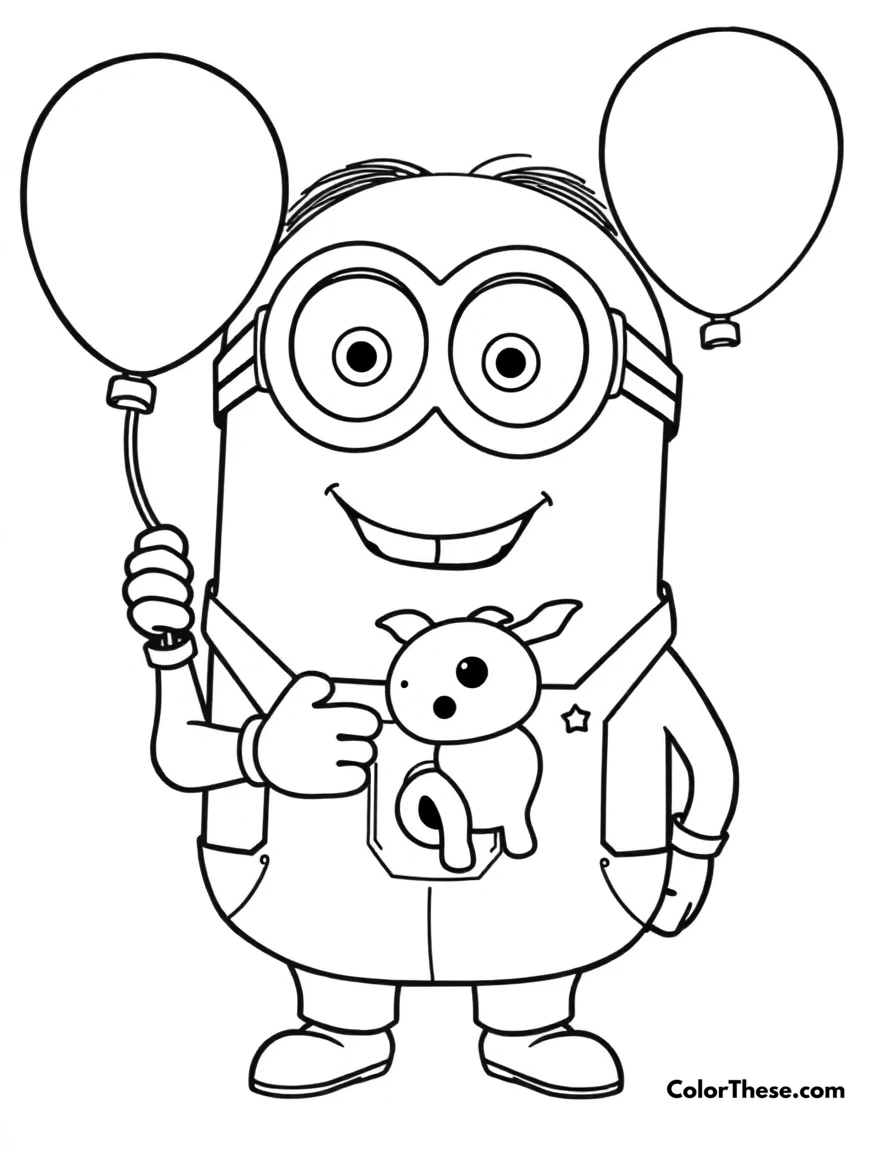 Free printable minion holding a balloon animal coloring page for kids and adults. A Minion (Despicable Me) holding a balloon animal and smiling.