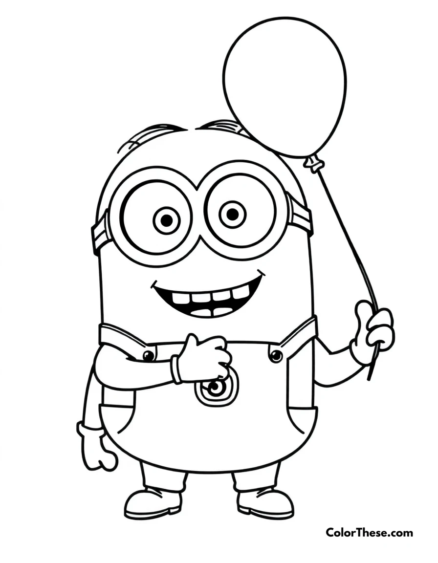 Free printable minion holding a balloon coloring page for kids and adults. A Minion (Despicable Me) holding a balloon and smiling.