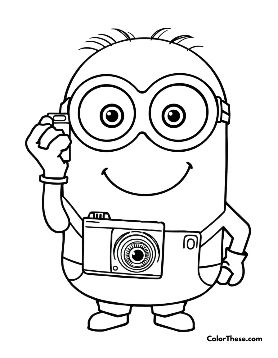 Free printable minion holding a camera coloring page for kids and adults. A Minion (Despicable Me) holding a camera and smiling.