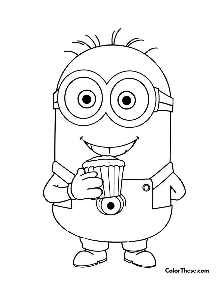 Free printable minion holding a cupcake coloring page for kids and adults. A Minion (Despicable Me) holding a cupcake and smiling.