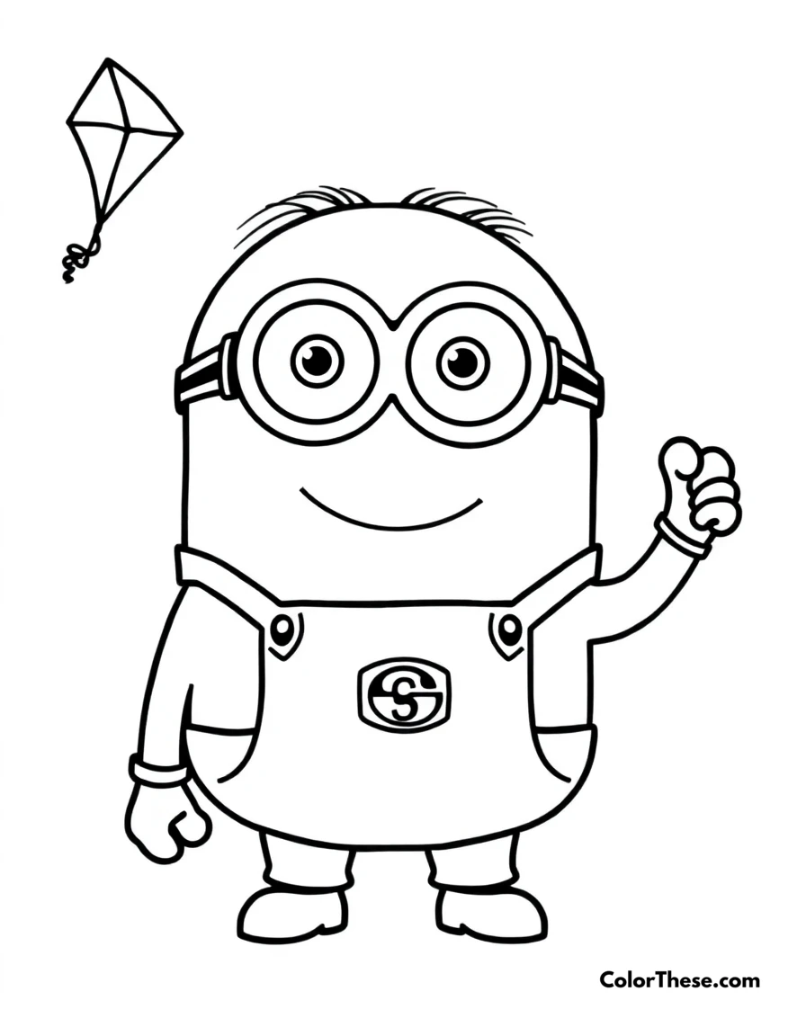 Free printable minion holding a kite coloring page for kids and adults. A Minion (Despicable Me) holding a kite and smiling.