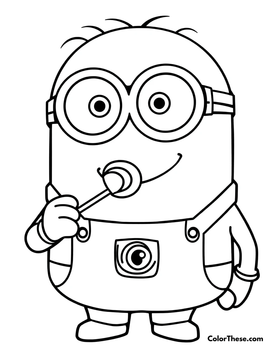 Free printable minion holding a lollipop coloring page for kids and adults. A Minion (Despicable Me) holding a lollipop and smiling.
