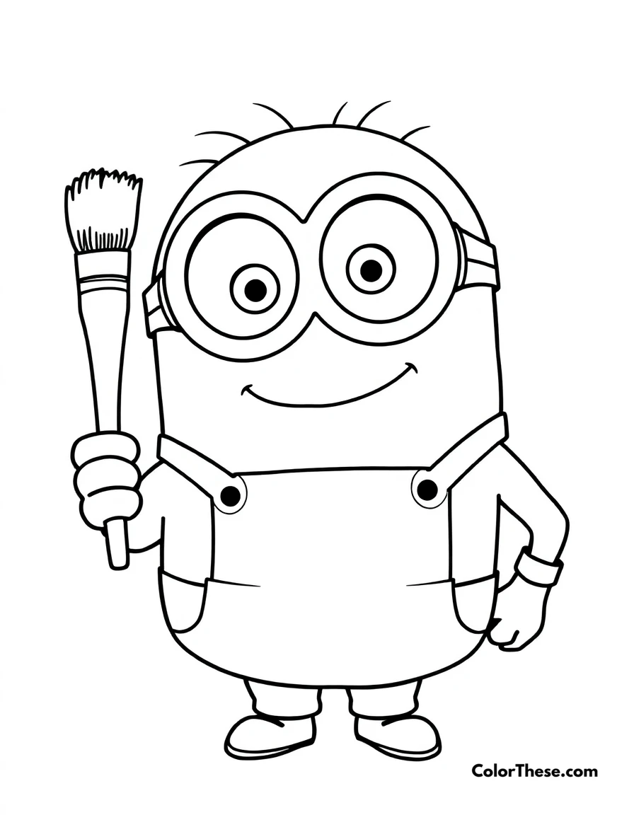 Free printable minion holding a paintbrush coloring page for kids and adults. A Minion (Despicable Me) holding a paintbrush and smiling.