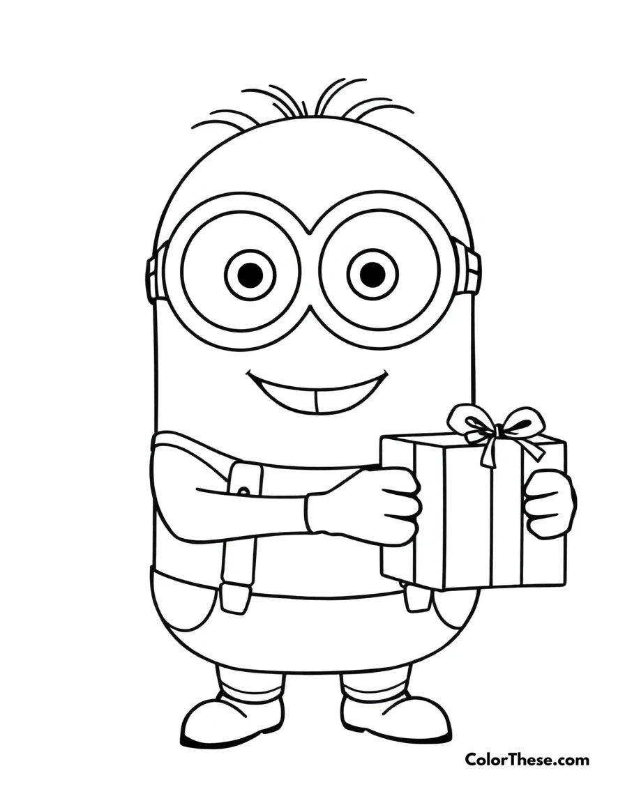 Free printable minion holding a present coloring page for kids and adults. A Minion (Despicable Me) holding a present and smiling.