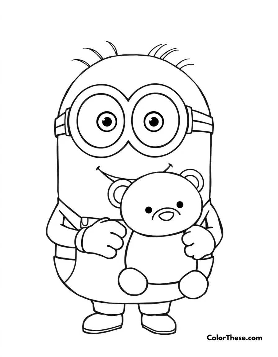 Free printable minion holding a teddy bear coloring page for kids and adults. A Minion (Despicable Me) holding a teddy bear and smiling.