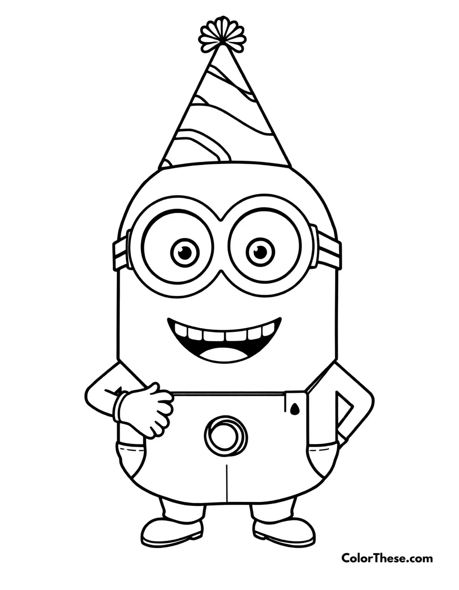 Free printable minion wearing a party hat coloring page for kids and adults. A Minion (Despicable Me) wearing a party hat and smiling.