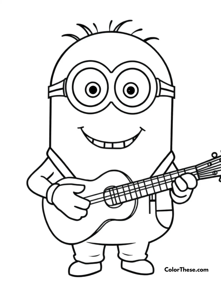 Free printable minion playing a guitar coloring page for kids and adults. A Minion (Despicable Me) playing a guitar and smiling.