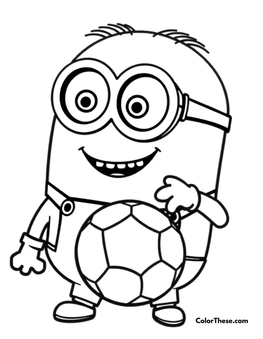 Free printable minion playing soccer coloring page for kids and adults. A Minion (Despicable Me) playing soccer and smiling.