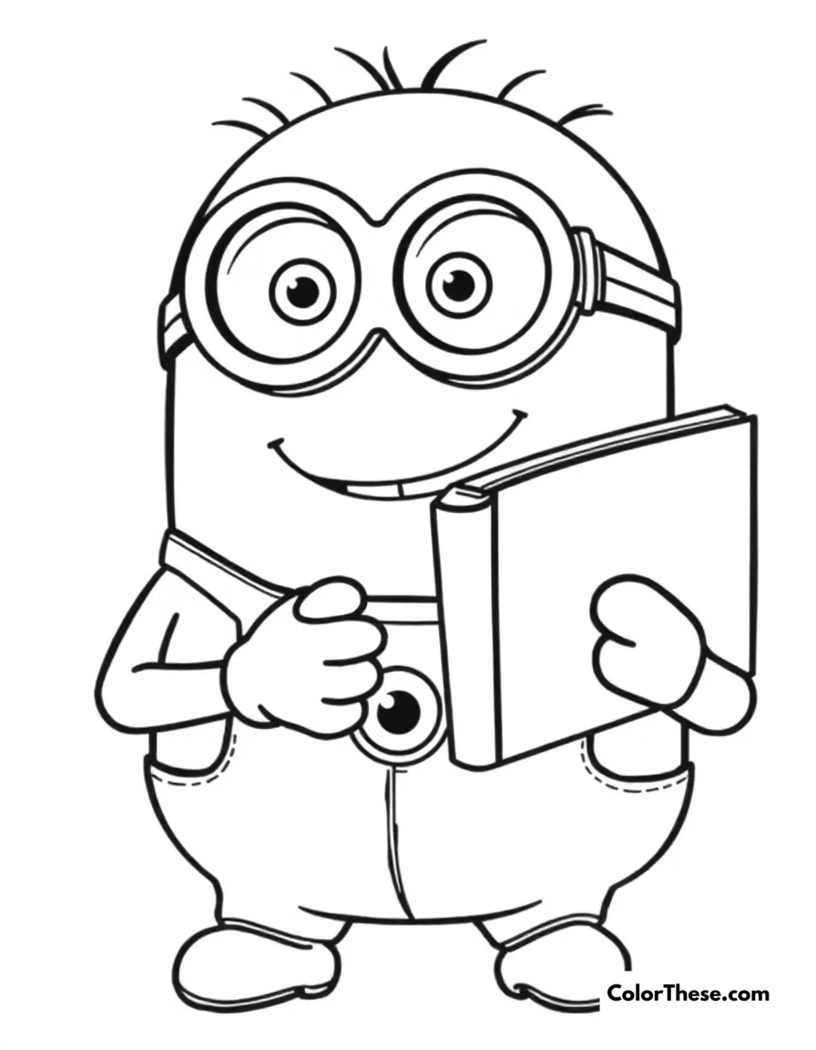 Free printable minion reading a book coloring page for kids and adults. A Minion (Despicable Me) reading a book and smiling.