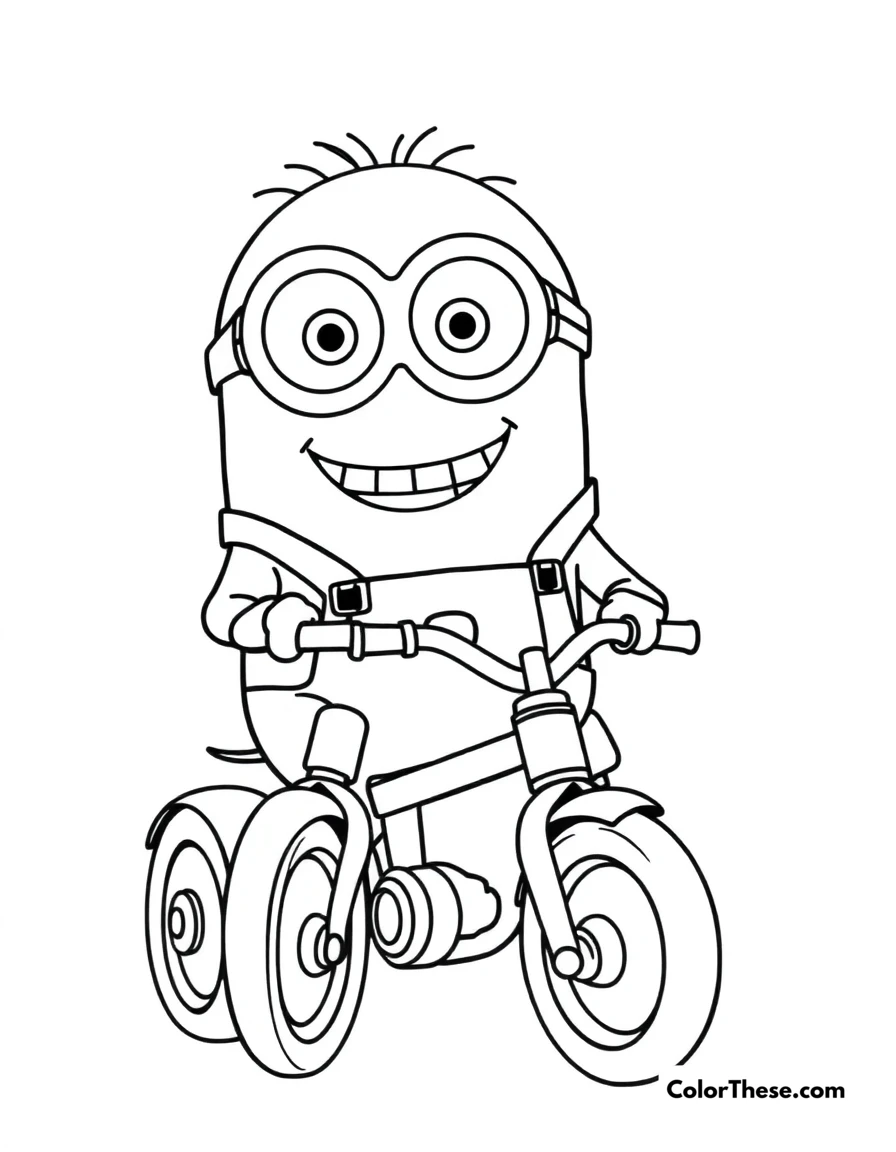 Free printable minion riding a tricycle coloring page for kids and adults. A Minion (Despicable Me) riding a tricycle with a big smile.