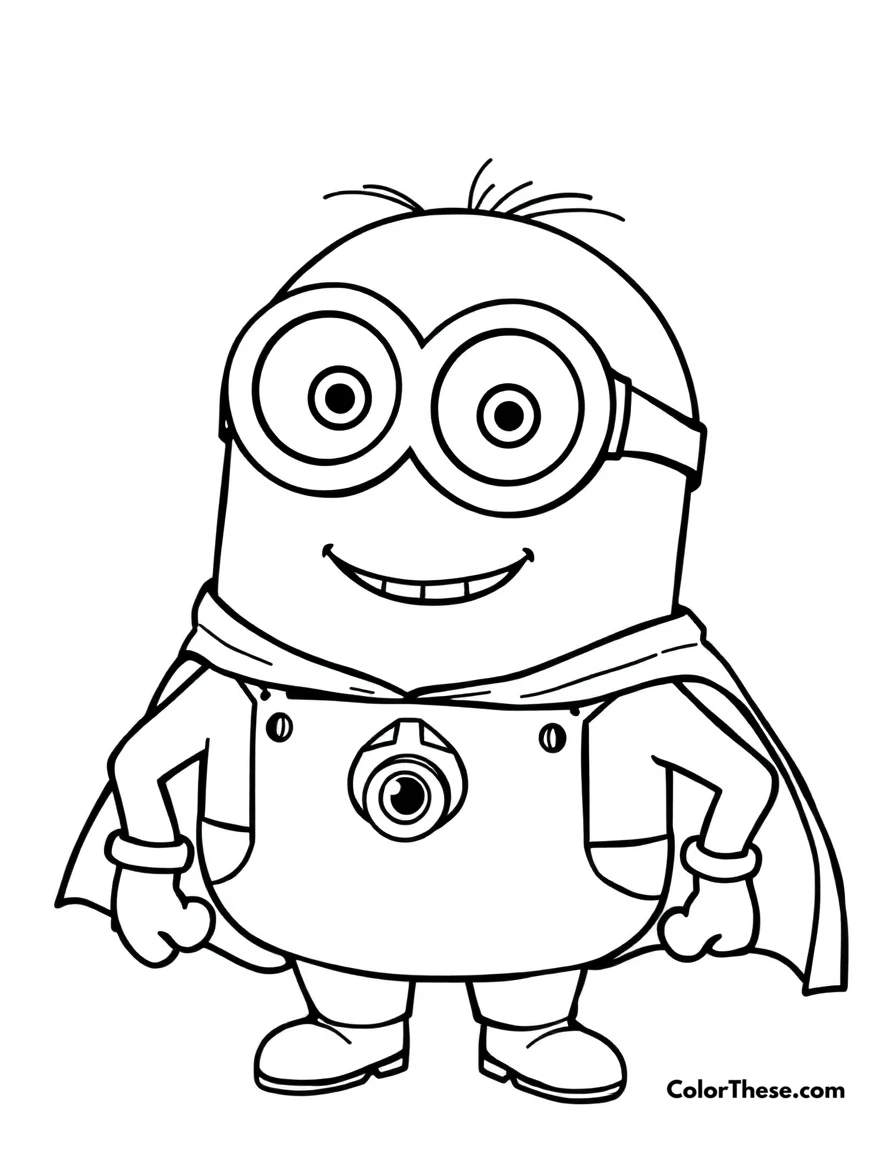 Free printable minion wearing a superhero cape coloring page for kids and adults. A Minion (Despicable Me) wearing a superhero cape and smiling.