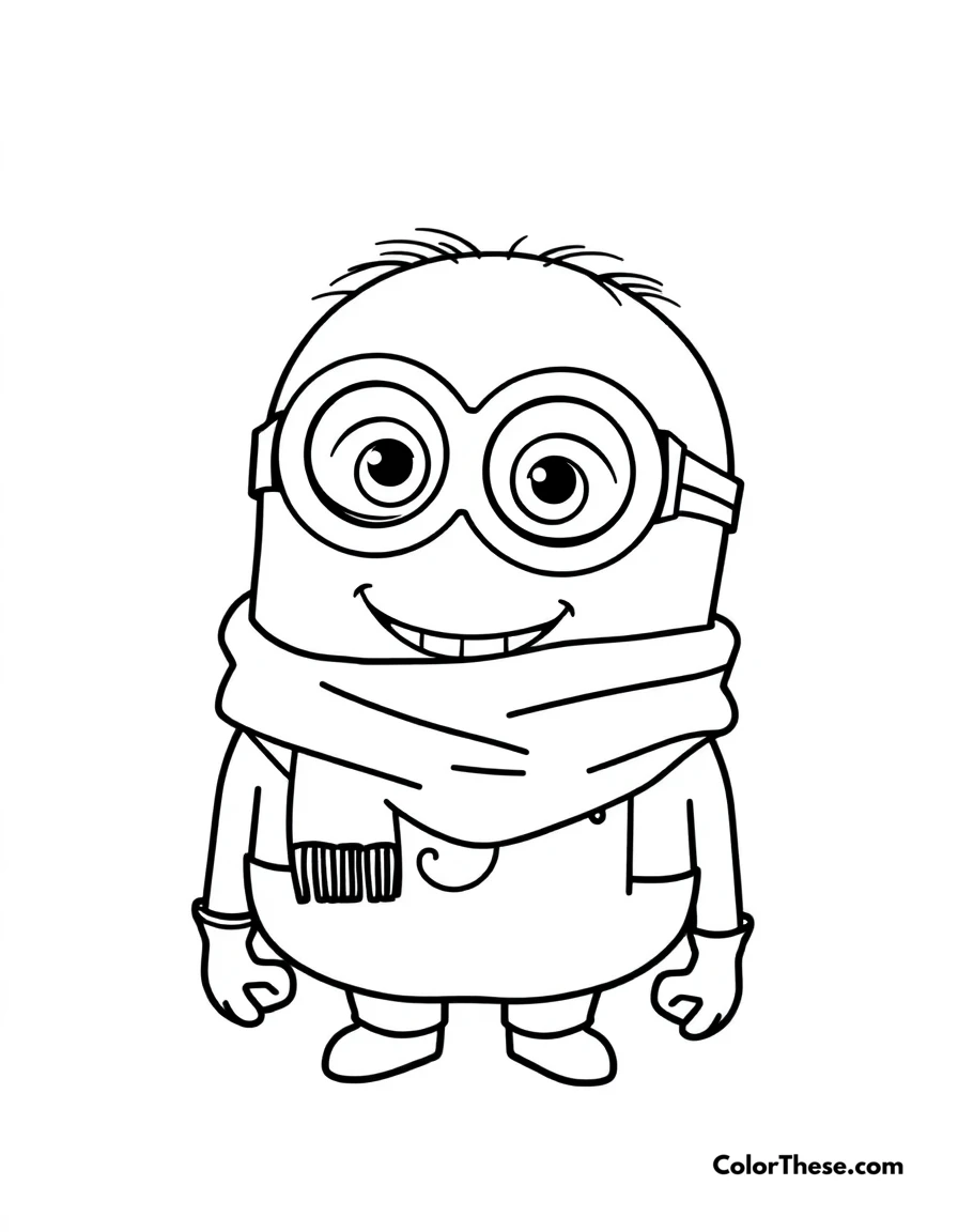 Free printable minion wearing a scarf coloring page for kids and adults. A Minion (Despicable Me) wearing a scarf and smiling.