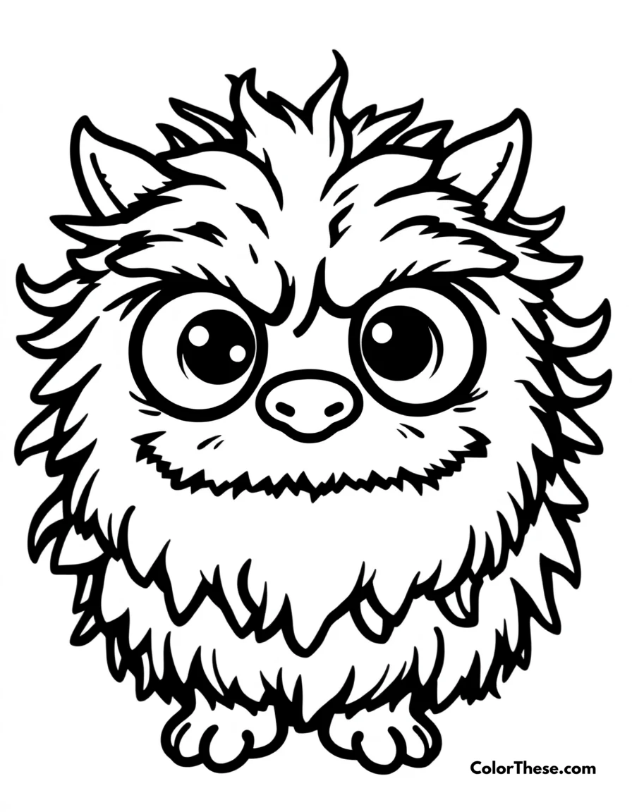 Free printable cute fuzzy monster coloring page for kids and adults. A cute fuzzy monster with big eyes and a tiny mouth.
