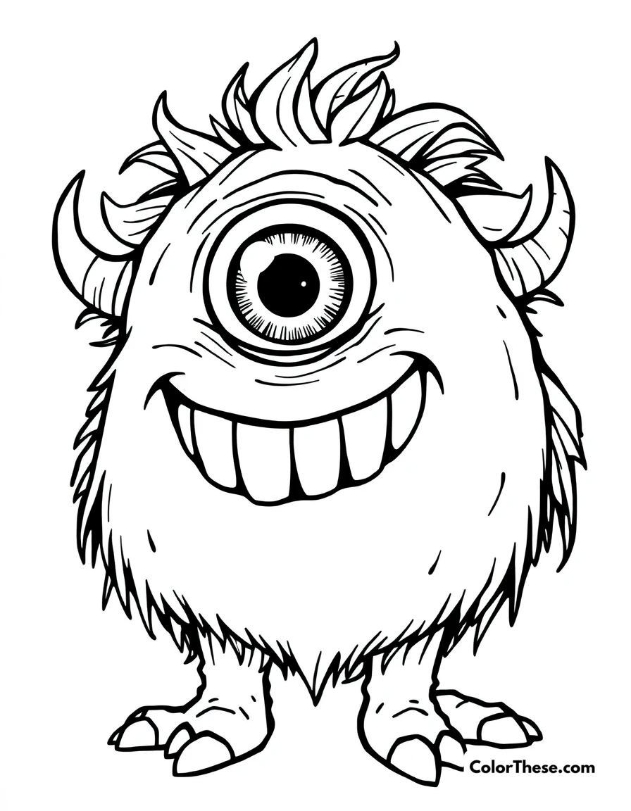 Free printable cyclops monster coloring page for kids and adults. A cyclops monster with one eye and a big grin.