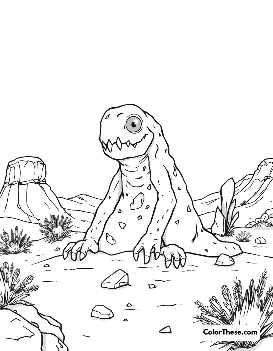 Free printable desert monster coloring page for kids and adults. A monster made of sand and rocks in the desert.