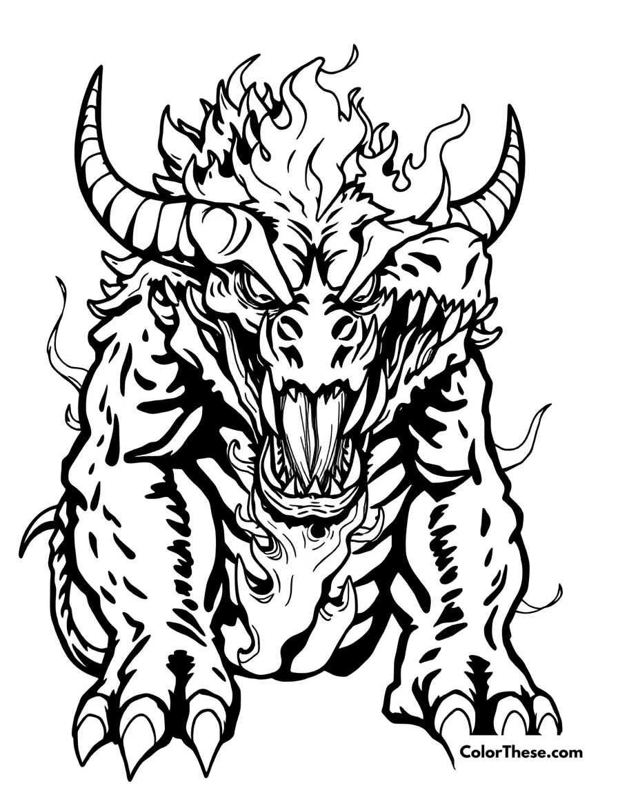 Free printable fire-breathing monster coloring page for kids and adults. A fire-breathing monster with sharp teeth and horns.