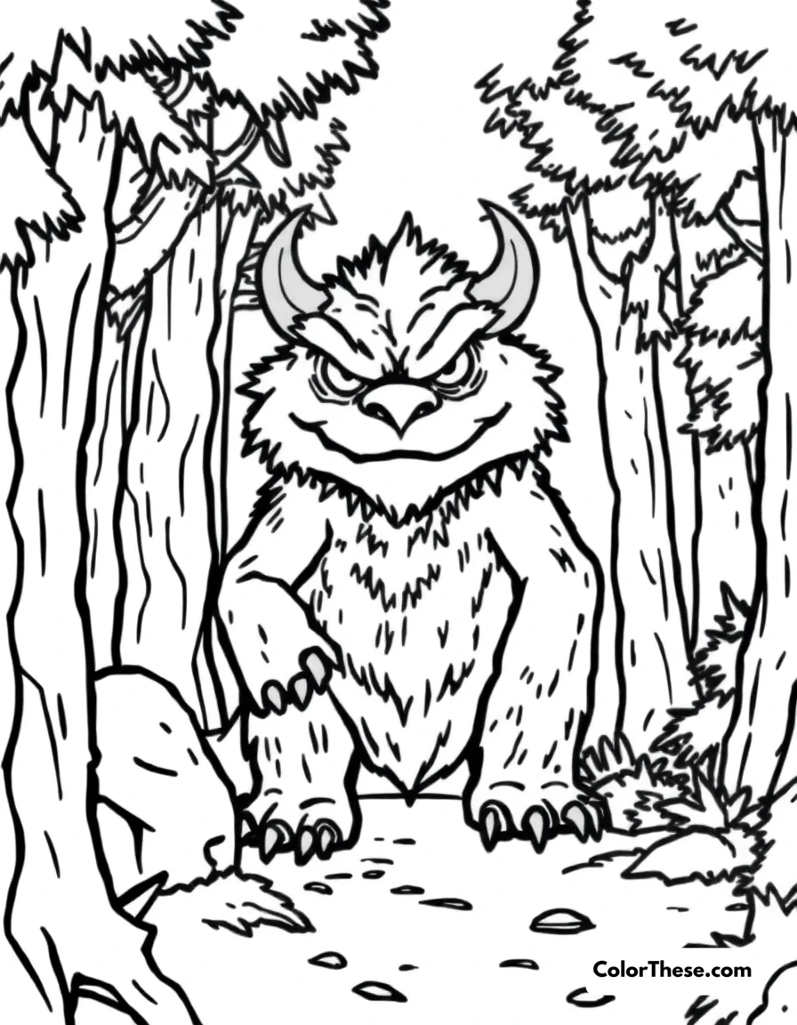 Free printable forest guardian monster coloring page for kids and adults. A monster guarding a forest with a protective expression.