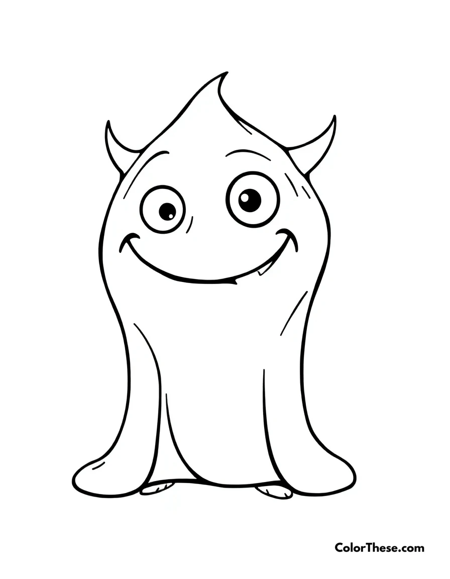 Free printable friendly slime monster coloring page for kids and adults. A friendly slime monster with a big smile.