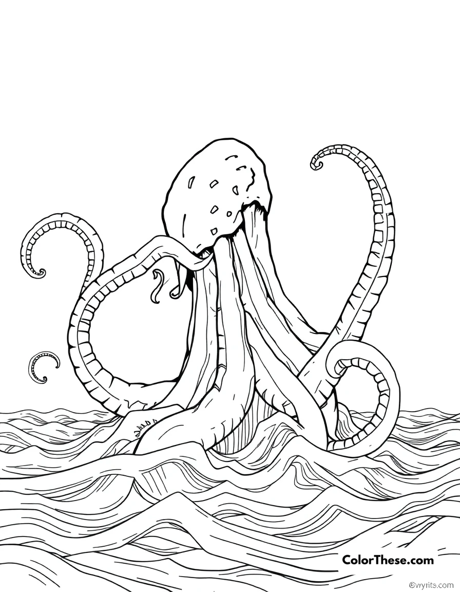 Free printable giant tentacle monster coloring page for kids and adults. A giant tentacle monster rising from the ocean.