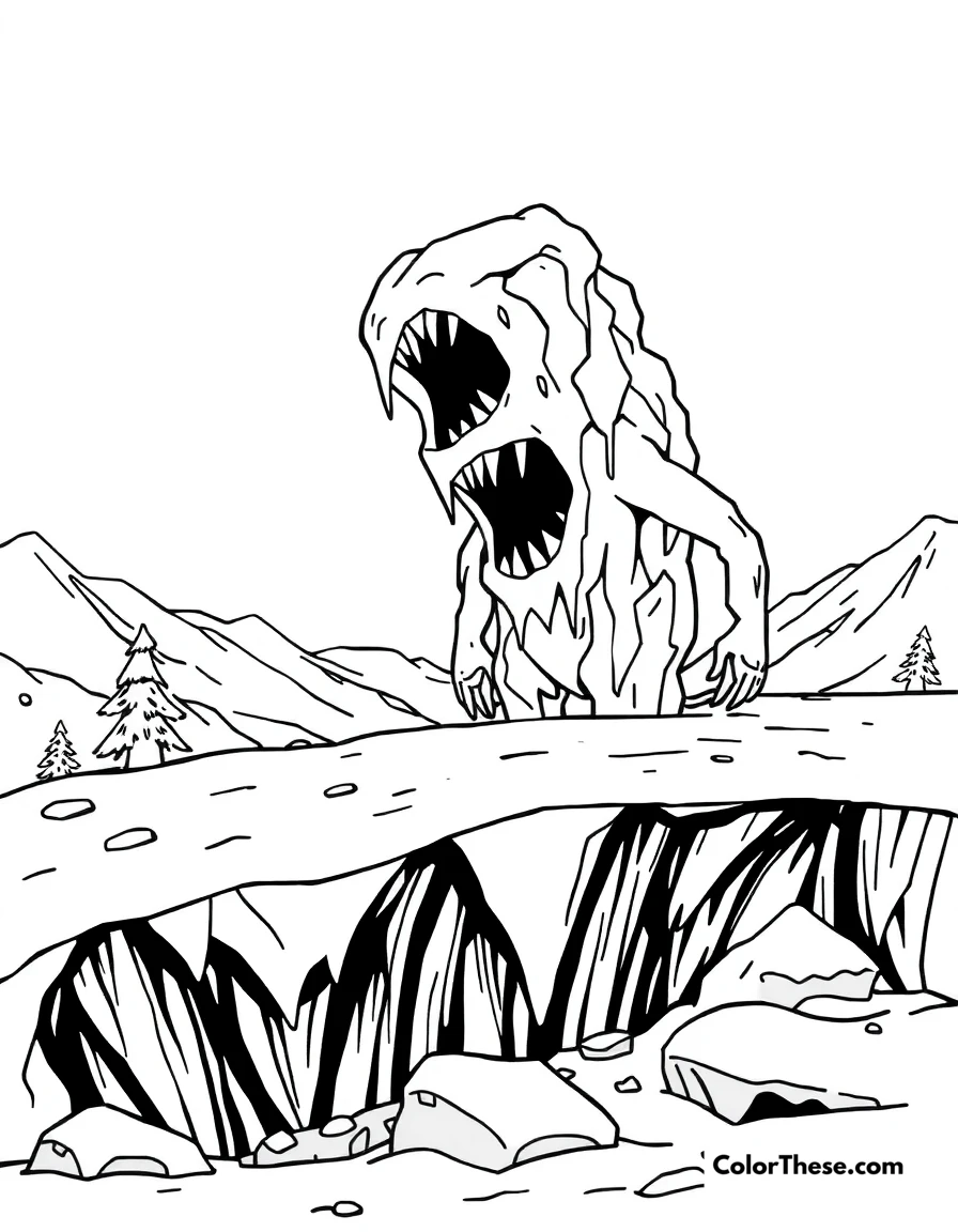 Free printable ice monster coloring page for kids and adults. A monster made of ice in a snowy landscape.