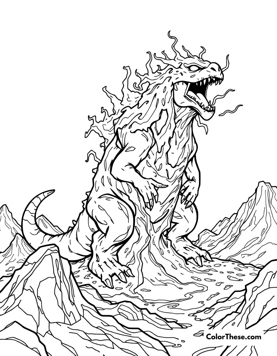 Free printable lava monster coloring page for kids and adults. A monster made of lava in a volcanic landscape.