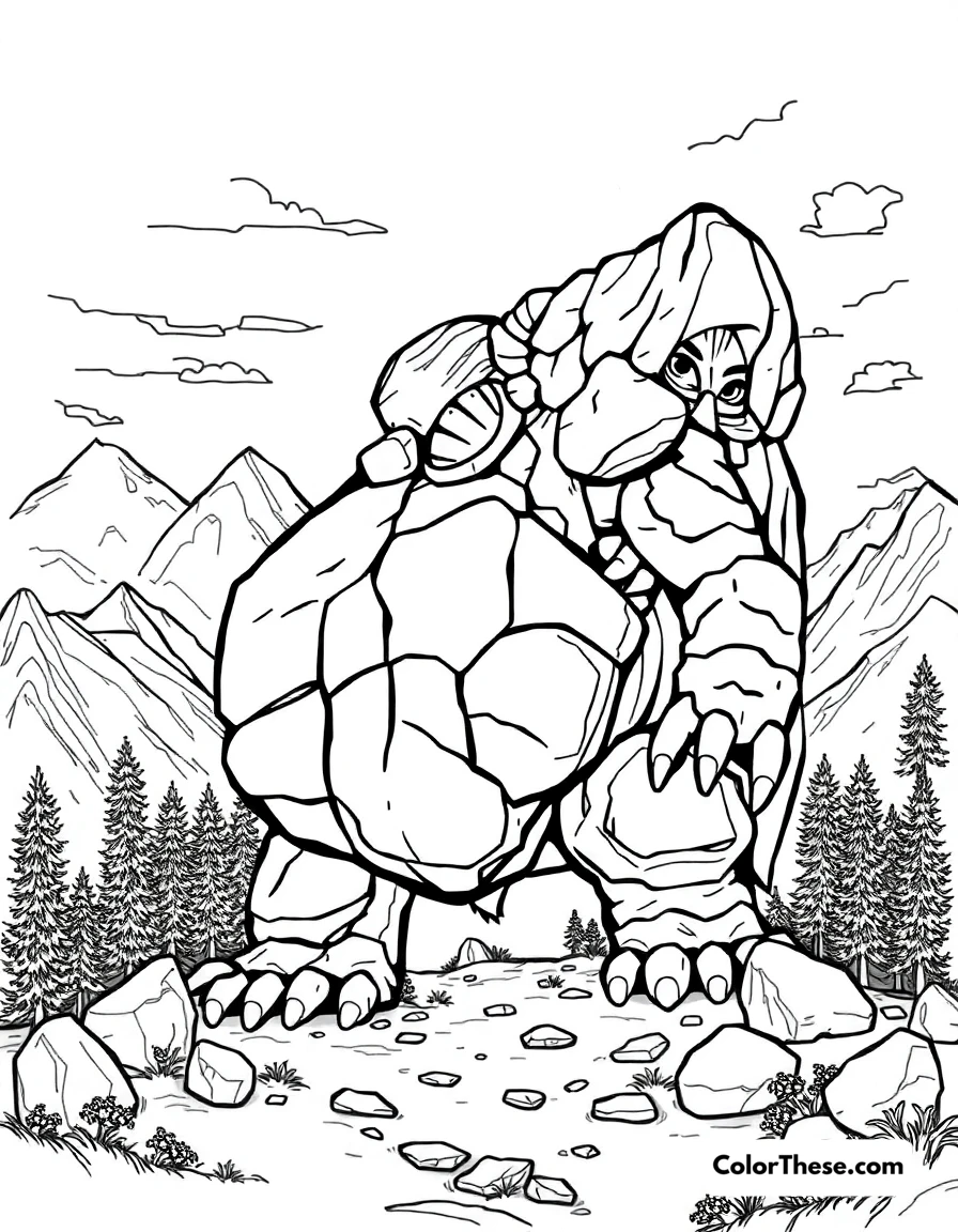 Free printable mountain monster coloring page for kids and adults. A monster made of rocks and boulders in a mountain landscape.