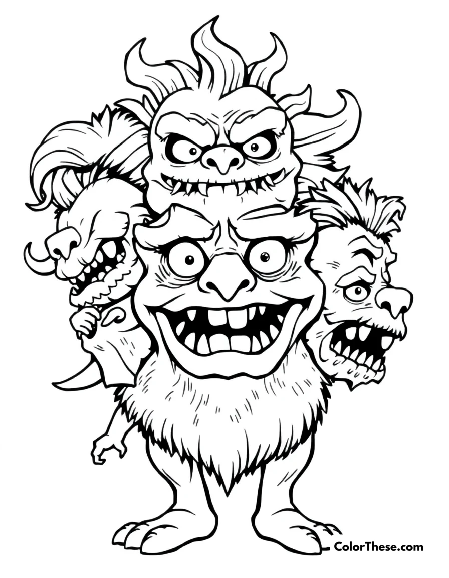 Free printable multi-headed monster coloring page for kids and adults. A multi-headed monster with different expressions.