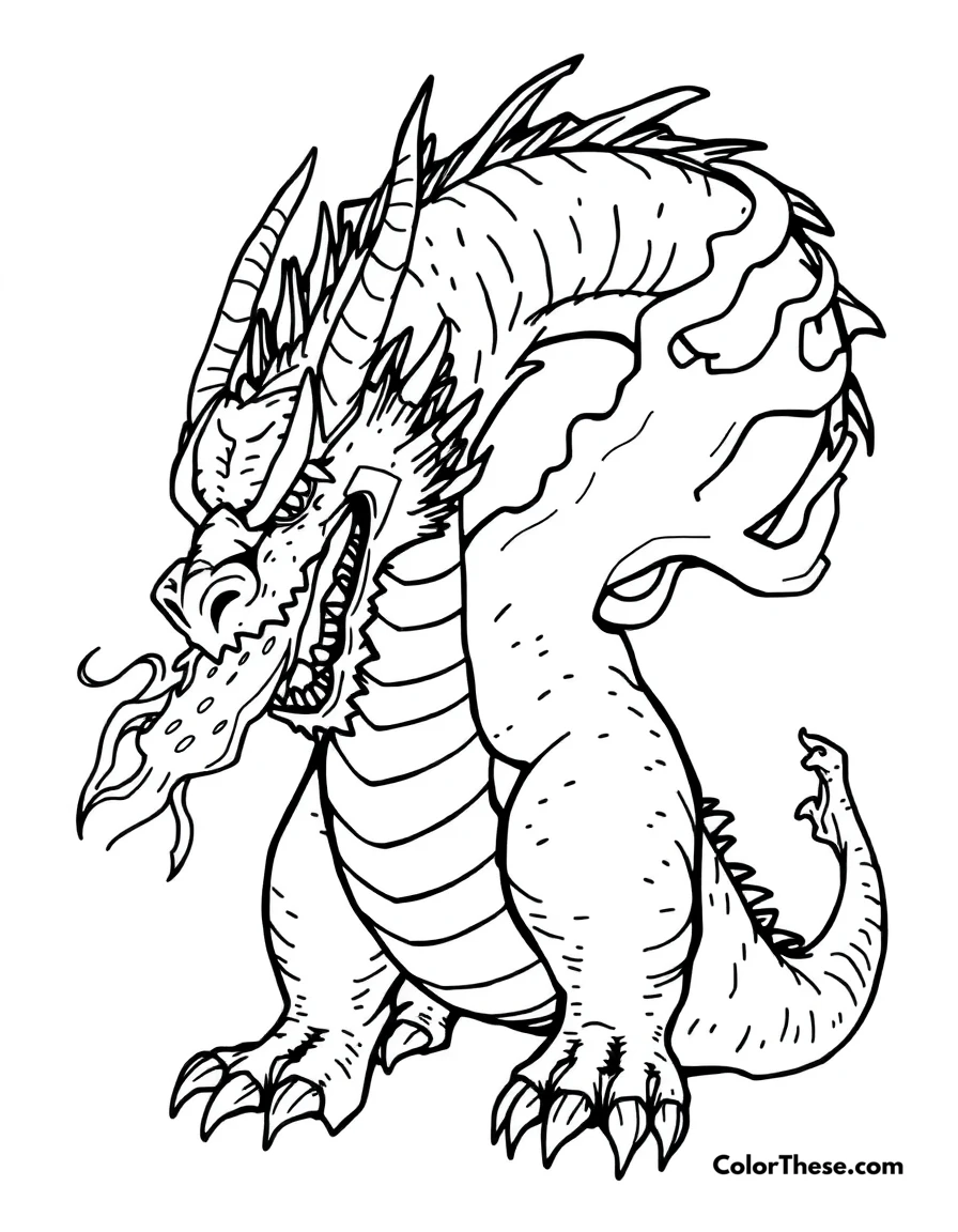Free printable scary dragon monster coloring page for kids and adults. A fierce dragon monster breathing fire.