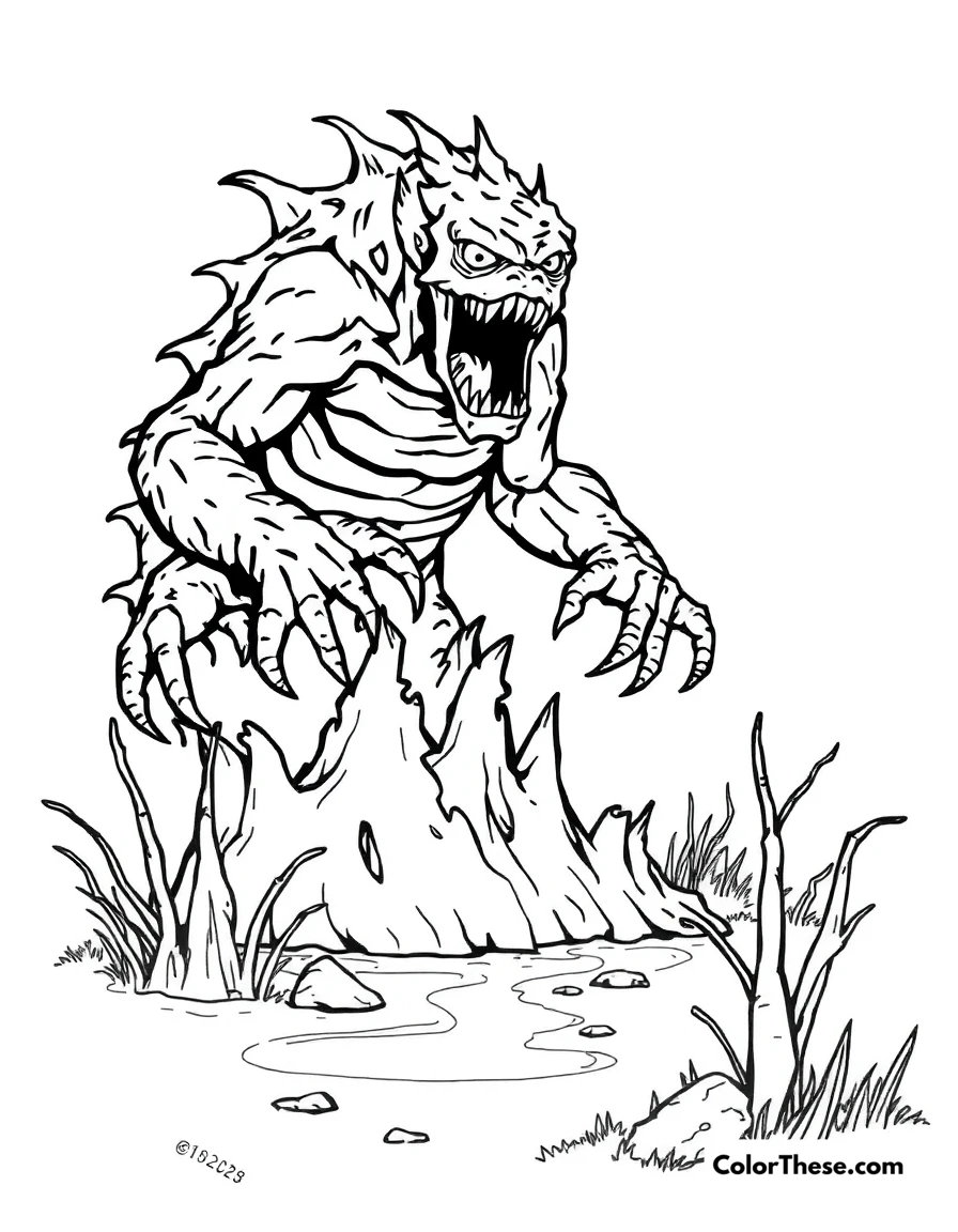 Free printable swamp monster coloring page for kids and adults. A monster rising from a swamp.